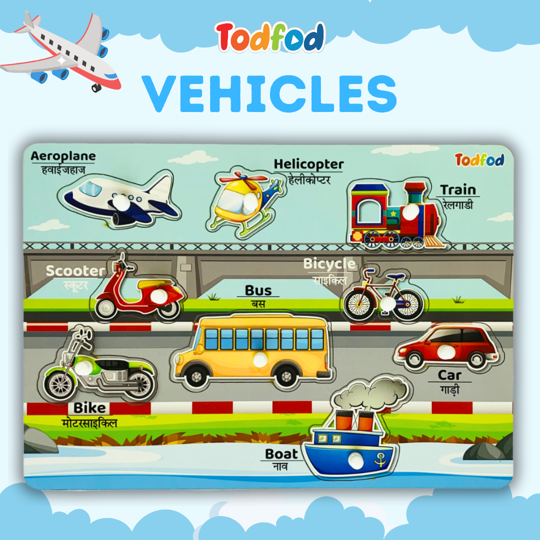 Birds & Vehicle Characters Knob & Pegged Puzzle for Kids