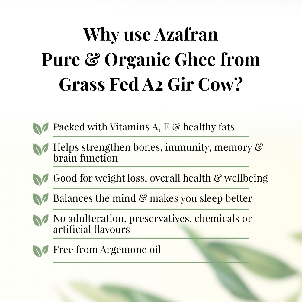 Azafran Grass Fed Gir Cow's Organic A2 Ghee - 275 ml