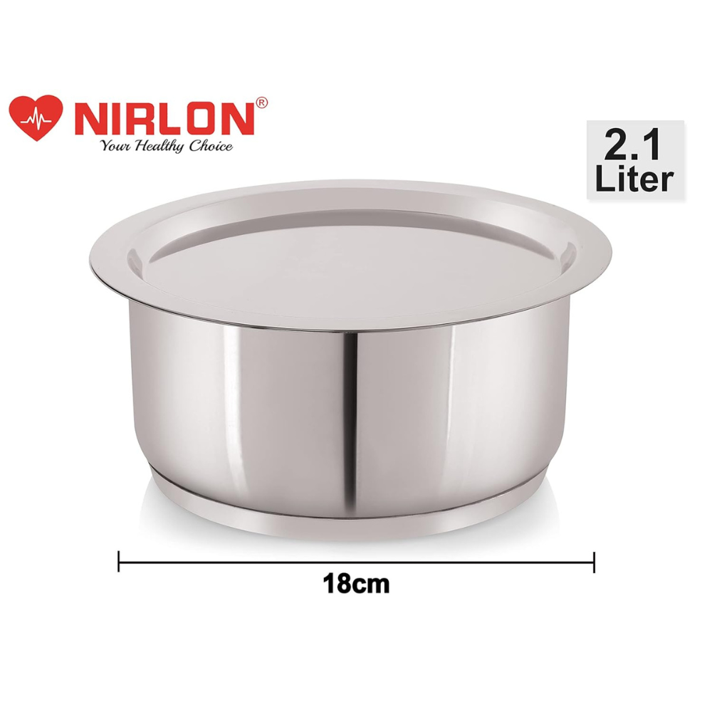 Nirlon Deluxe Stainless Steel Tope | Induction Friendly | Impact Bonded Tri-ply Bottom With Steel Lid 18cm
