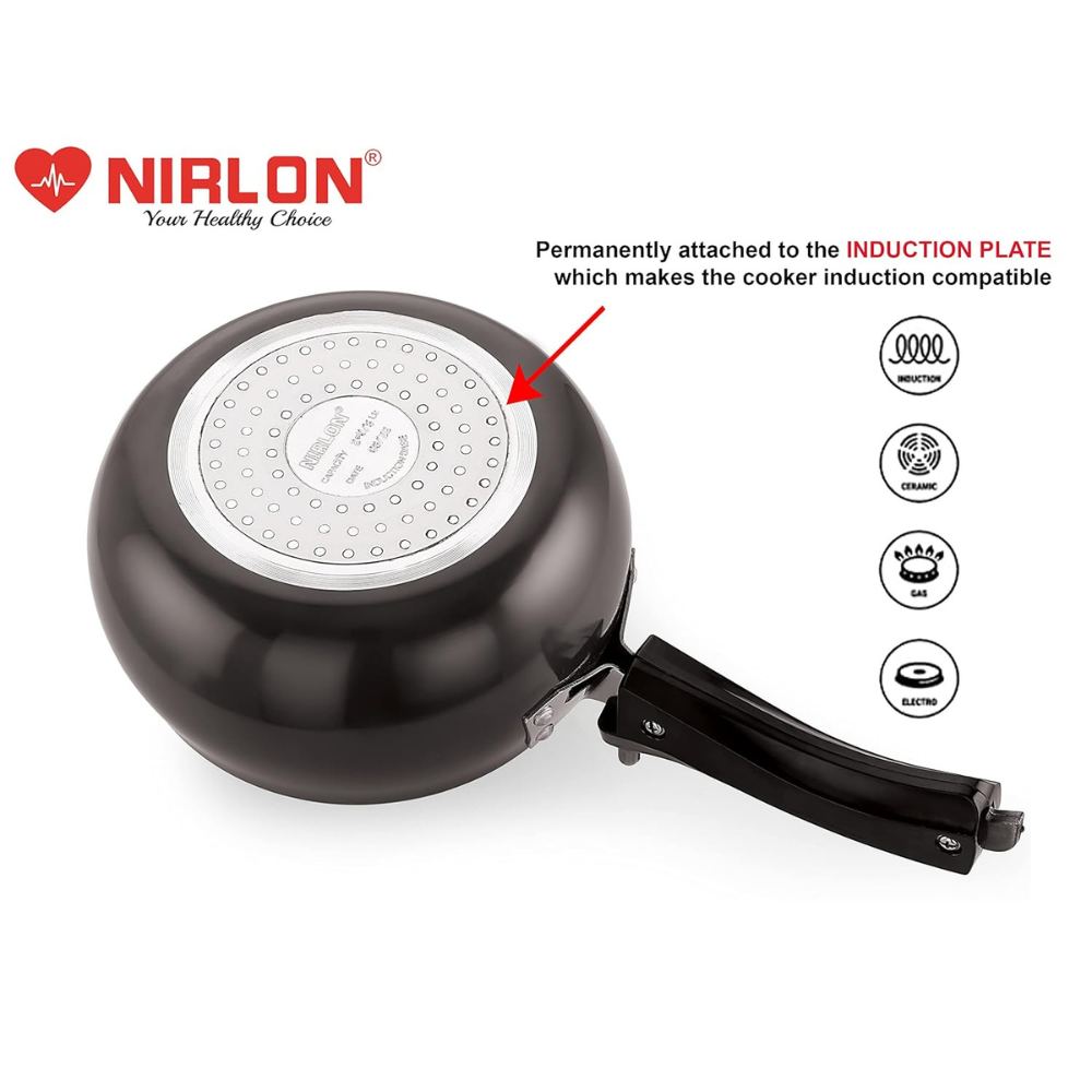 Nirlon Induction and Gas Compatible Hard Anodised Handi Shape Inner Lid Aluminium Pressure Cooker, 3 Litre, Black