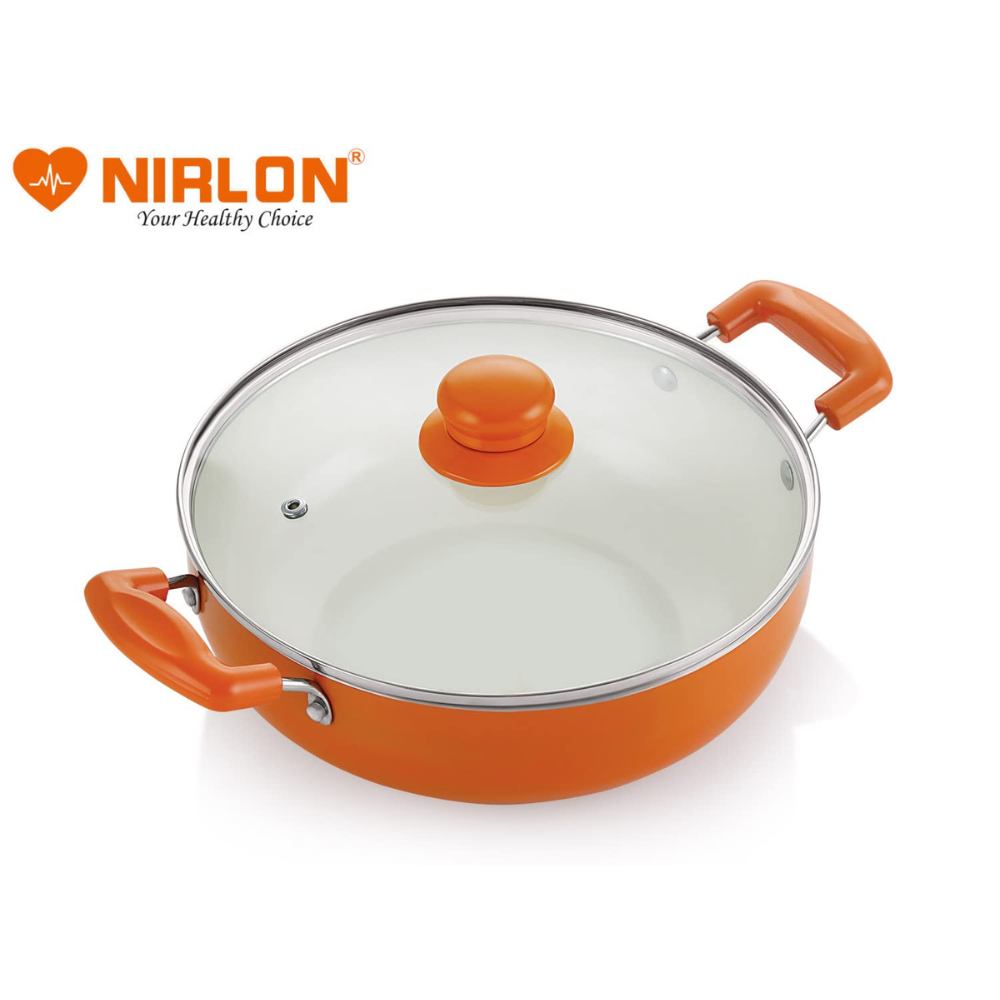 Nirlon Ceramic Non Stick Induction Aluminium Kadhai With Glass Lid | 2.25 Litres | Orange