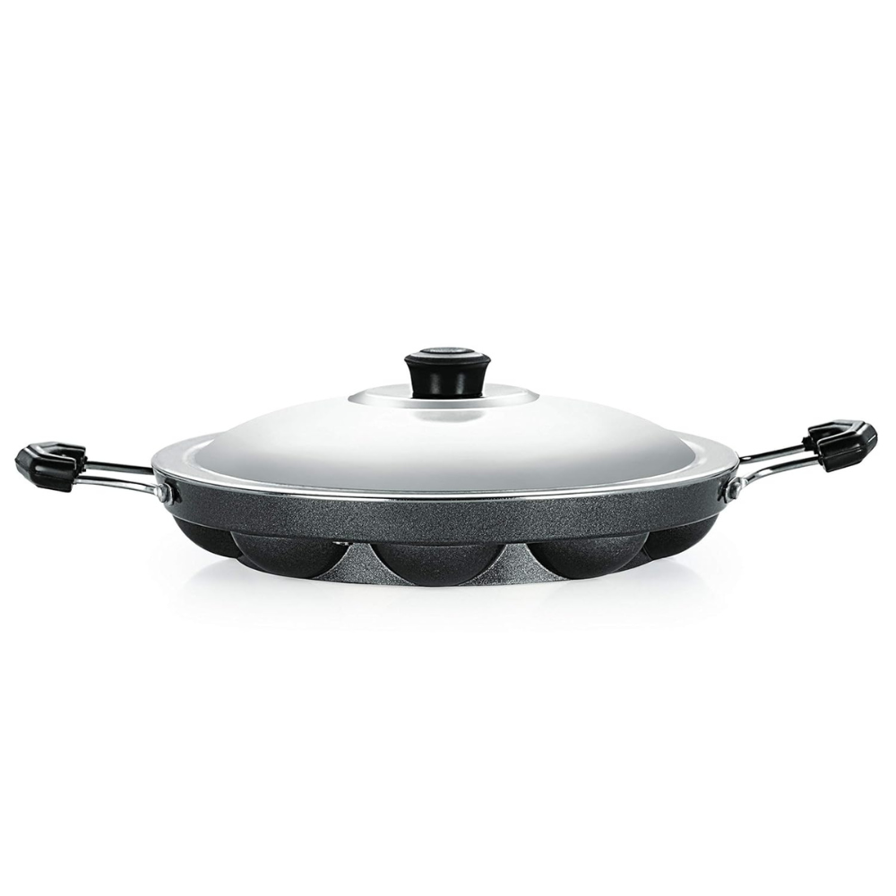 Nirlon Non-stick Aluminium 12 Cavity Appam Paniyarakkal | Ponganal Maker | Paddu Tawa With 2 Side Handle and Stainless Steel Lid