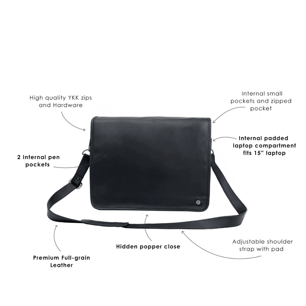 Craftshades – 10*13″Crossbody Handcrafted Small Goat Leather messenger bag – Black | 100% Genuine Leather