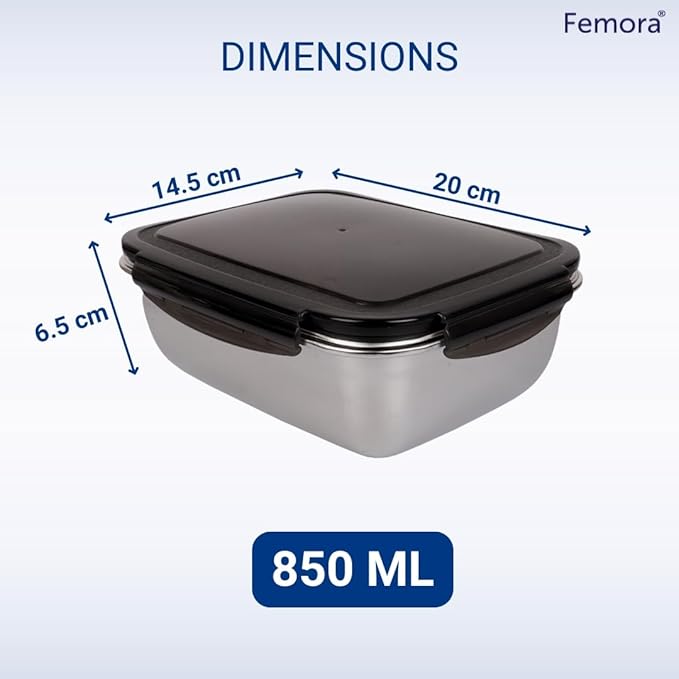 Femora High Stainless Steel Rectangular Container, Leakproof Airtight Lid | 850 Ml | Pack of 1 | Silver