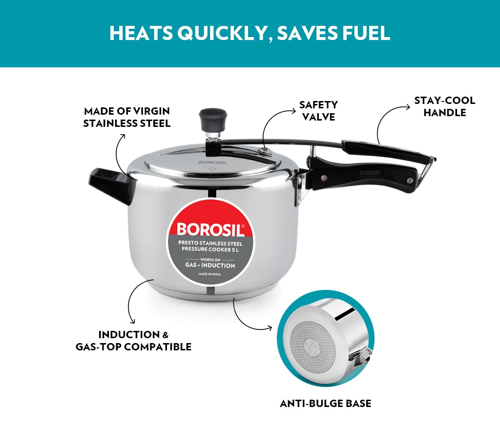 Borosil Presto Induction Base Stainless Steel Inner Lid Pressure Cooker | 5 Litres