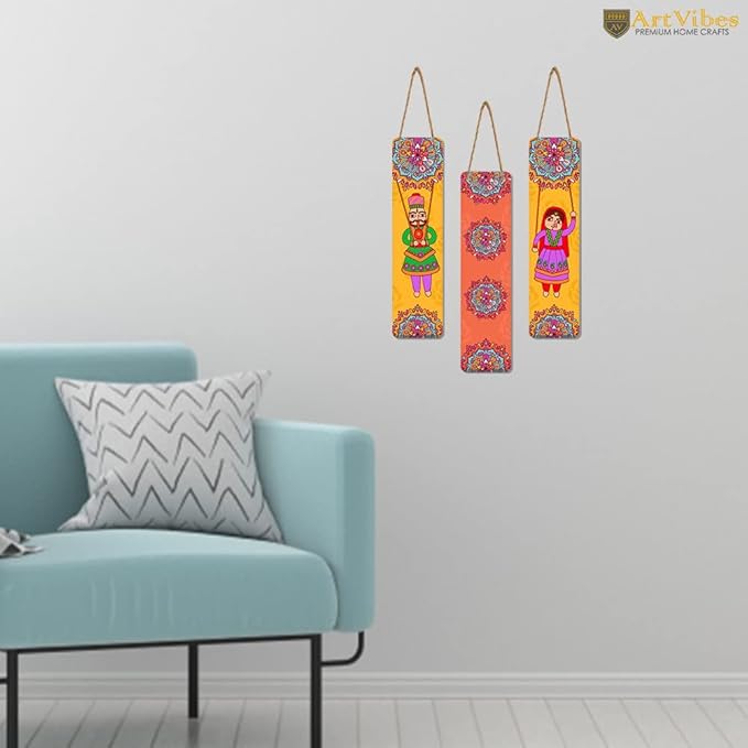 Artvibes Dancing Puppets Designer Wooden Wall Hanging Decoration Items for Home | Set of 3
