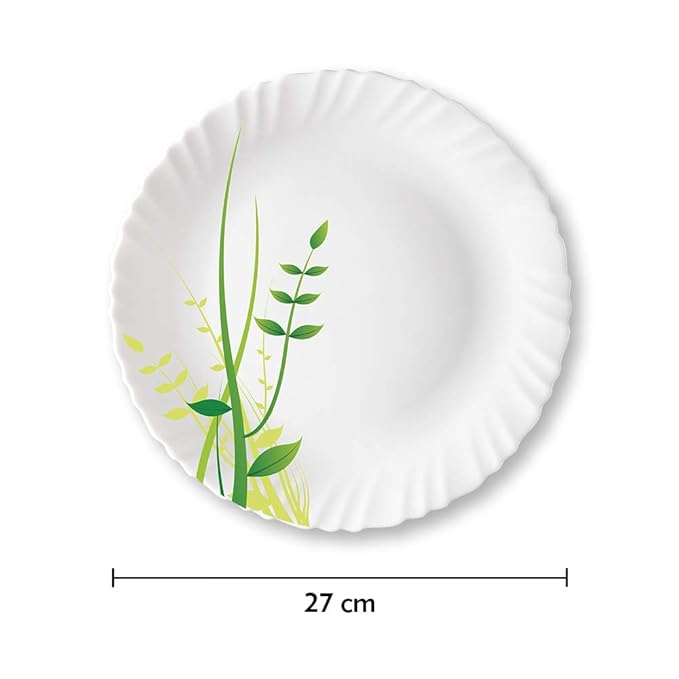 Larah by Borosil Green Herbs, Opalware Full Plate | 11 Inch |white | Set of 6