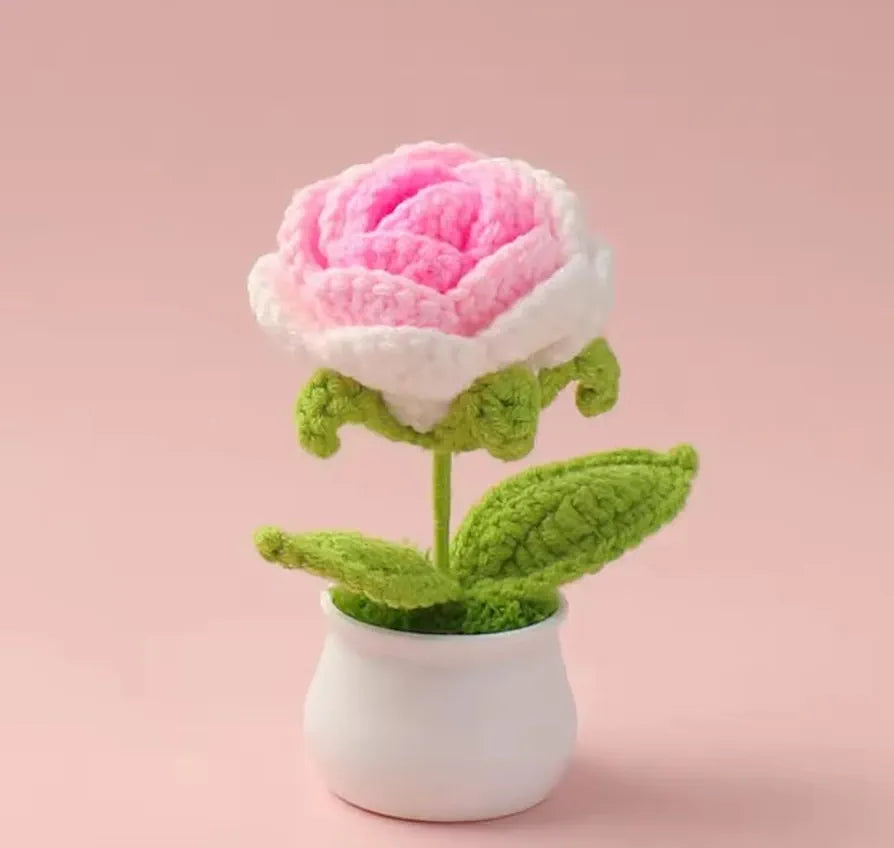 Handmade Crochet Flower Pot Pink Rose Shaded 1 PC. Artificial Flower Knitted Flower