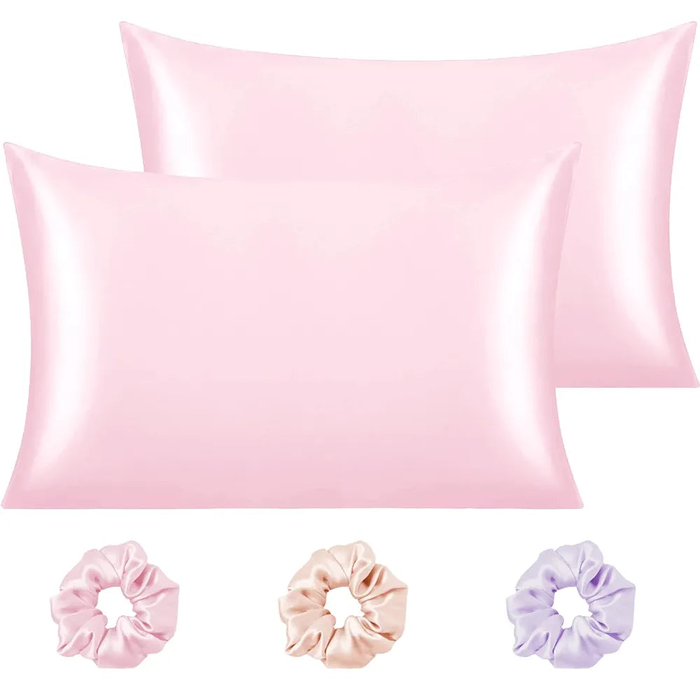 Cloth Fusion Satin Pillow Cover Set of 2 Pillow Case with 3 Satin Soft Scrunchies Baby Pink