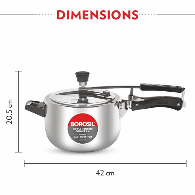 Borosil Triply Induction Base Inner Lid Stainless Steel Pressure Cooker | 3.5 Litres