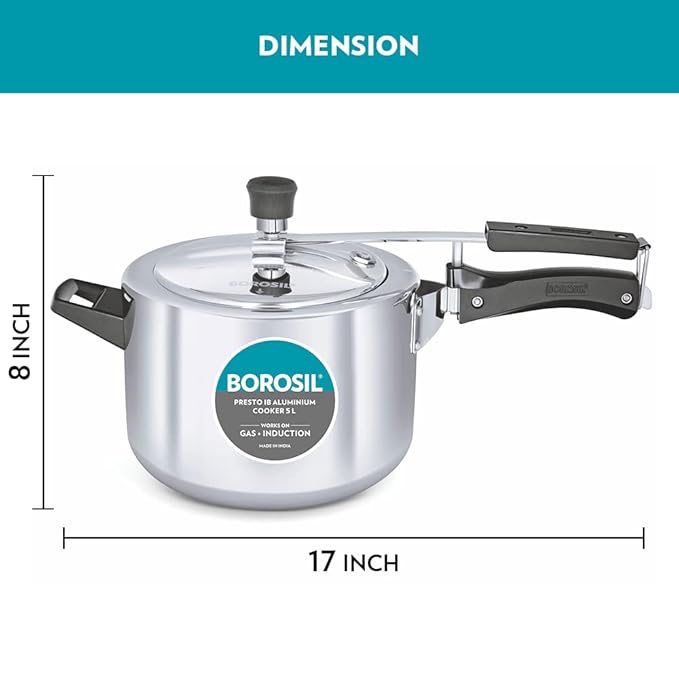 Borosil Presto Induction Base Inner Lid Aluminium Pressure Cooker | Silver| 5 Litres