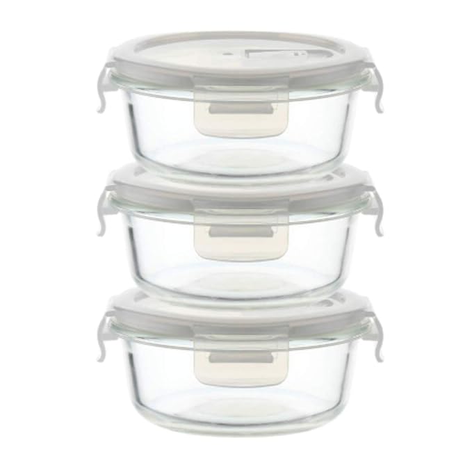 Femora Borosilicate Glass Microwave Safe Round Food Storage Container With Air Vent Lid | 380ml | Set of 3