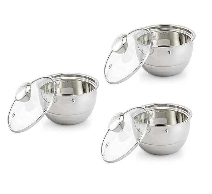 Femora Stainless Steel Double Wall Insulated Curry Server Curry Bowls | 1500 Ml | Set of 3