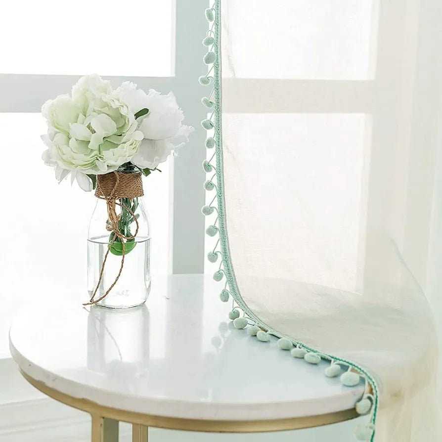 Urban Space Linen Textured Sheer Curtain for Door Room Darkening, Decorative Curtains Hanging Style Set of 2 Curtains Mint Green with pom pom