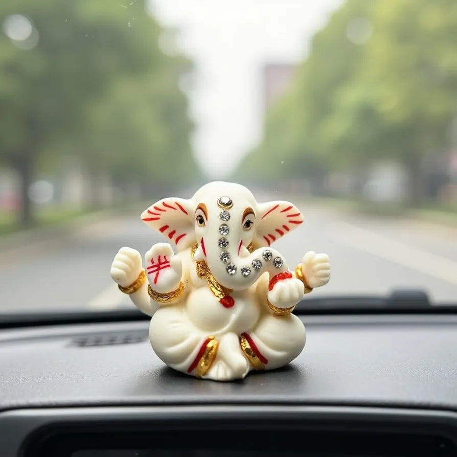 Unovate Ganesha Idol for Car Dashboard Elegant Marble Finish