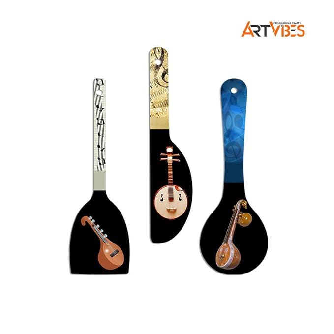 Artvibes Sitar Music Instrument Wooden Wall Hanger for Home | Artworks | Set of 3