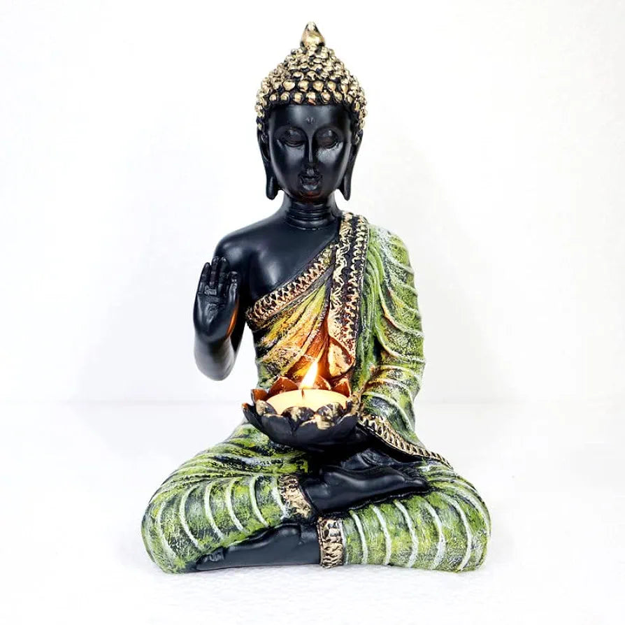 Jaipur Ace Sitting Buddha Idol Statue for Home Decorations Items Showpiece Green tea Light Buddha