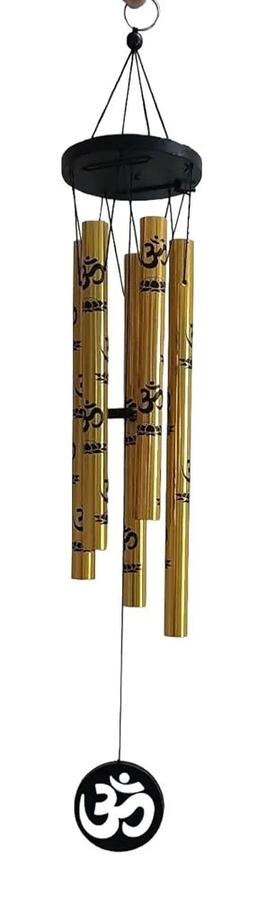 Tej Gifts Feng Shui Metal Wind Chime with OM Symbol – 5 Pipes Golden Hanging Bells