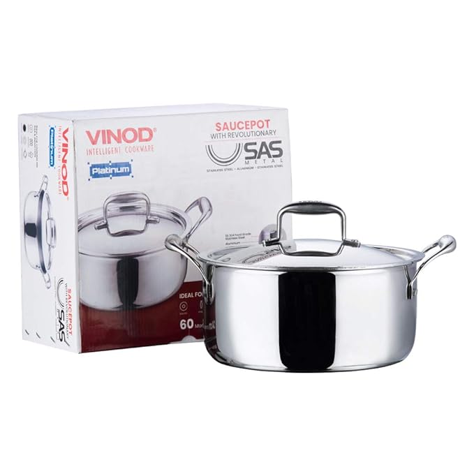 Vinod Platinum Triply Stainless Steel Saucepot with Lid - 5 Litre, 24 cm | 2.5mm Thick | SAS Bottom | Biryani Pot