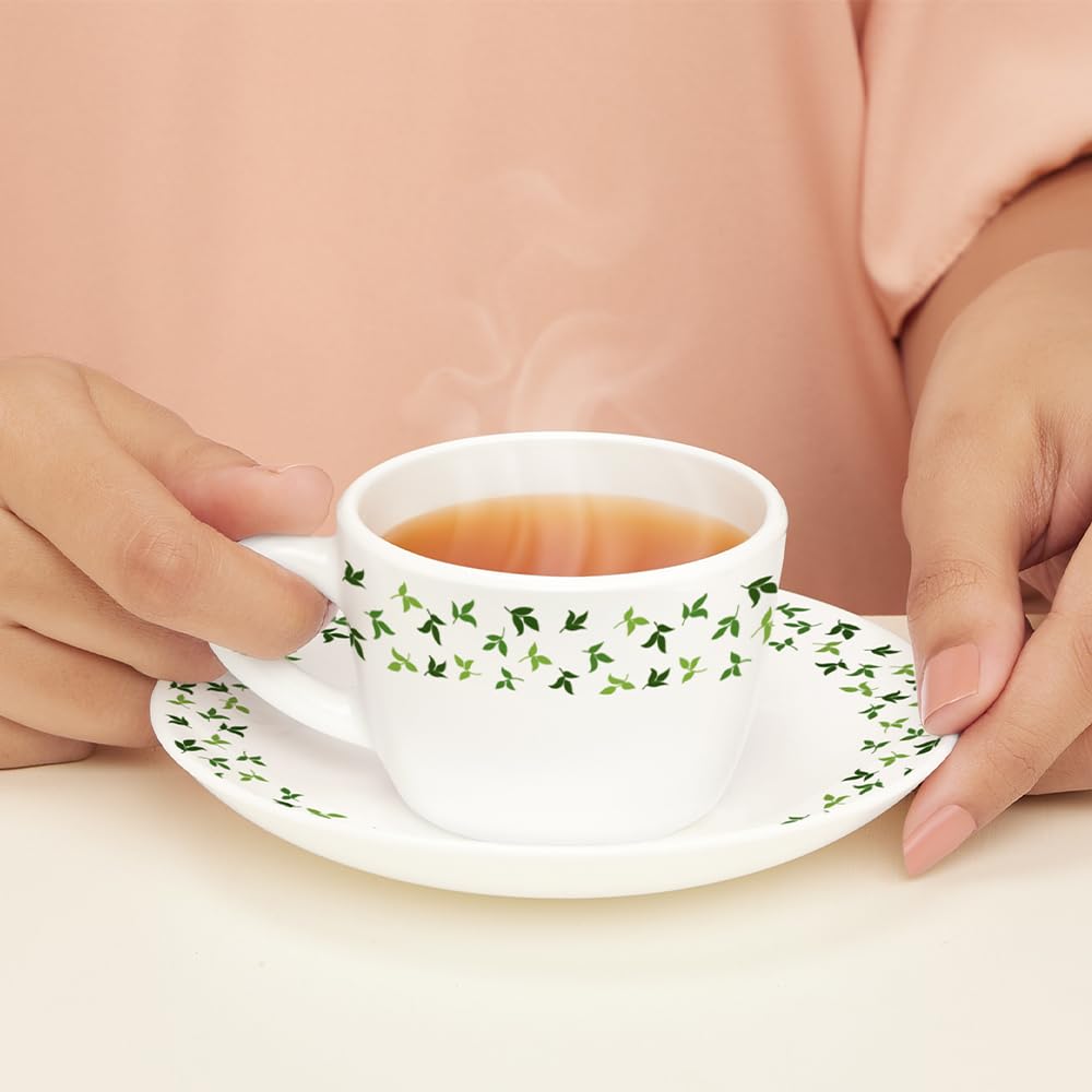 Larah by Borosil Silk Series Sage Opalware Cup and Saucer Set of 12 Pcs | Tea/coffee Cups | 140 Ml