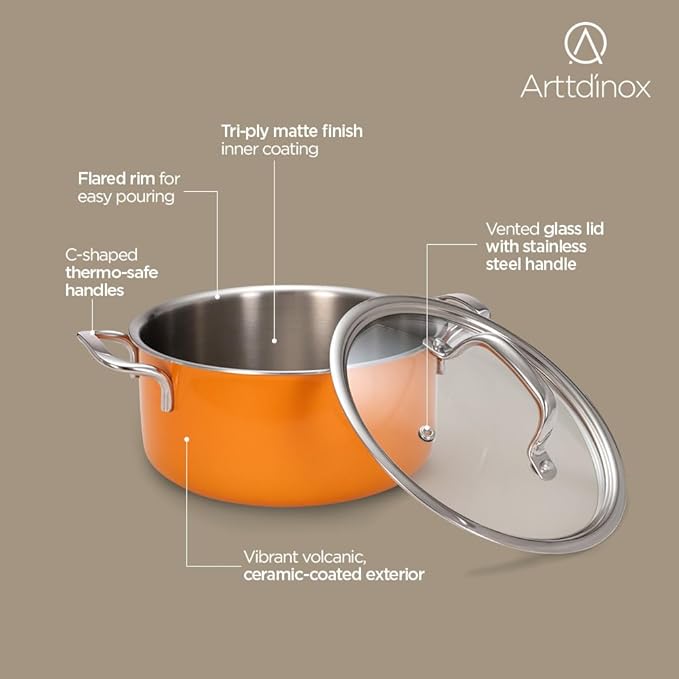 Arttdinox Vida Stainless Steel Triply Pot With Glass Lid for Biryani | Pulao | Halwa | Curries | 20 Cm | 3 Ltr | Induction & Gas Base