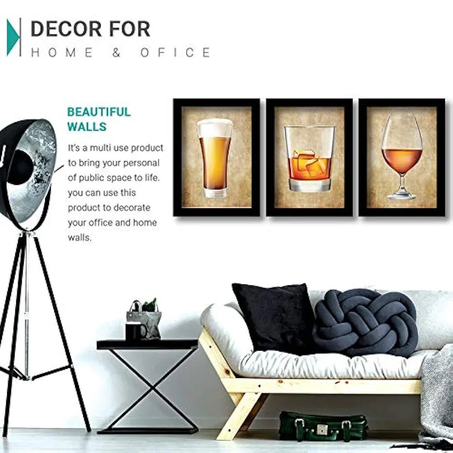 Rainbow Arts Bar Glass Framed Wall Posters for Kitchen Bar FramedSet of 3