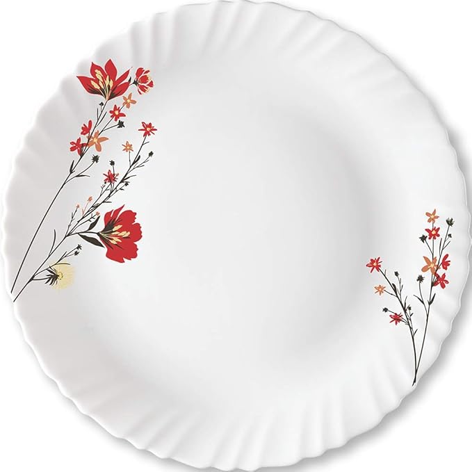 Larah by Borosil Opalware Full Plate | 11 Inch | Set of 6 | Red & White
