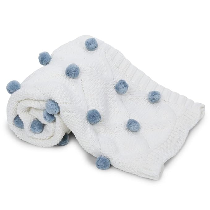 Haus & kinder Cotton Knitted Blanket For New Born Baby All Season Ac Blankets 0 To 2 Years Bubblegum Blue Pom Pom