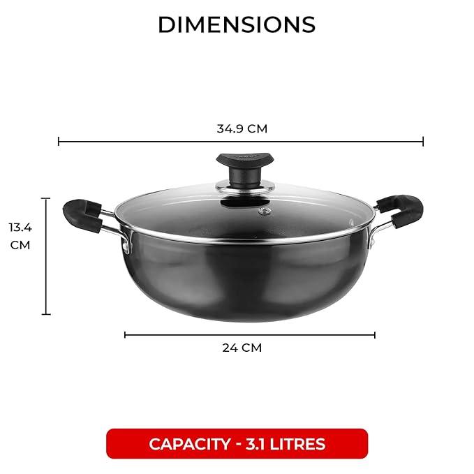 Vinod Black Pearl Hard Anodised Non Stick Deep Kadhai with Glass Lid - 3.1 LTR, 24 cm | 3.25mm Thickness | kadai for Cooking