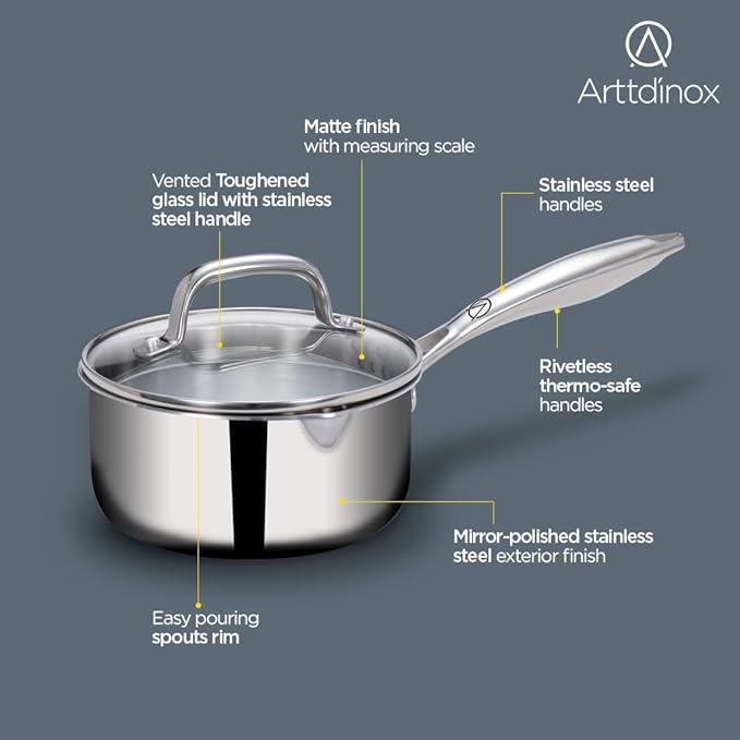 Arttdinox Stellar Stainless Steel Triply Sauce Pan With Straining Glass Lid | Milk Pan | 16cm | 1.5ltr | Jindal Stainless | Silver
