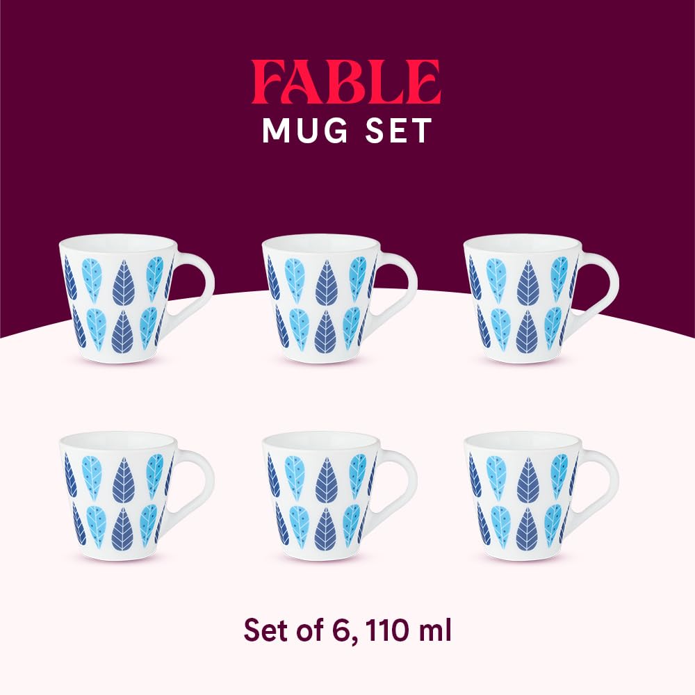 Larah by Borosil Novelty Series Fable Opalware Mug, Set of 6 Tea/coffee Mugs | 110 Ml Each