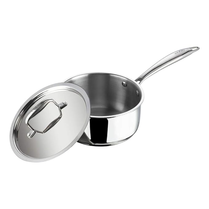 Vinod Platinum Triply Stainless Steel Saucepan with Lid - 2.2 litres (18 cm) | 2.5 mm Thick | Tea, Chai Pan