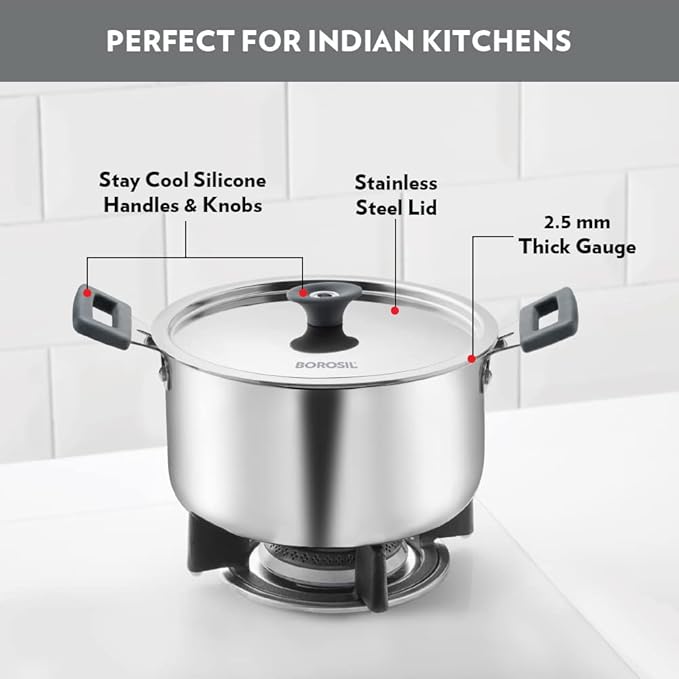 Borosil Cookfresh Tri-ply Stainless Steel Cook & Serve Casserole With Lid | Induction Friendly | 2.8 Litres | 20 Cm