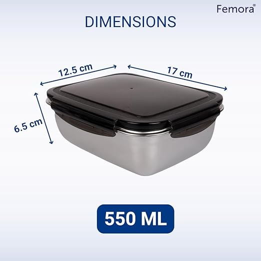 Femora Lunch Box High Steel Rectangle Heavy Duty Airtight Leakproof Unbreakable Storage Container With Lock Lid | 550 Ml | Set of 2