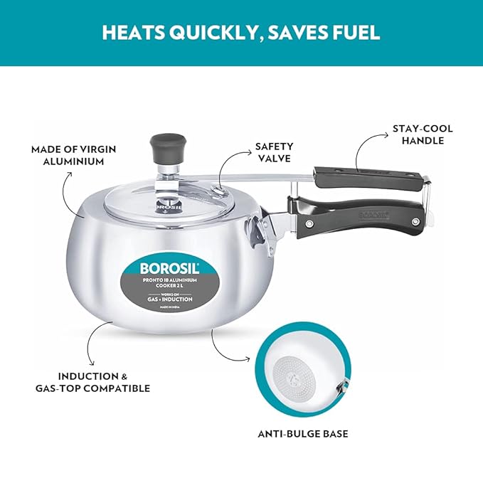 Borosil Pronto Induction Base Inner Lid Aluminium Pressure Cooker | 3.6 Mm Thick Base | 2 Litres | Silver