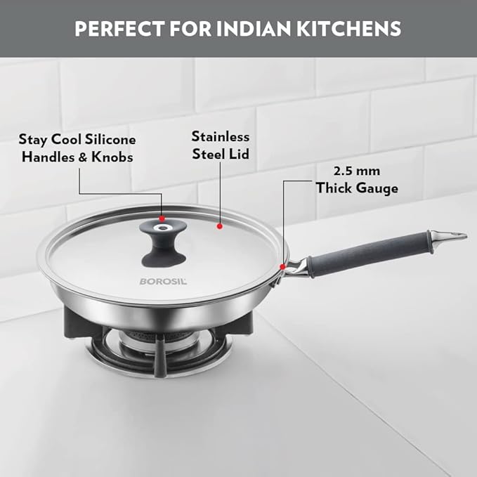 Borosil Cookfresh Tri-ply Stainless Fry Pan With Lid | Induction Friendly | 1.9 Litres | 24 Cm