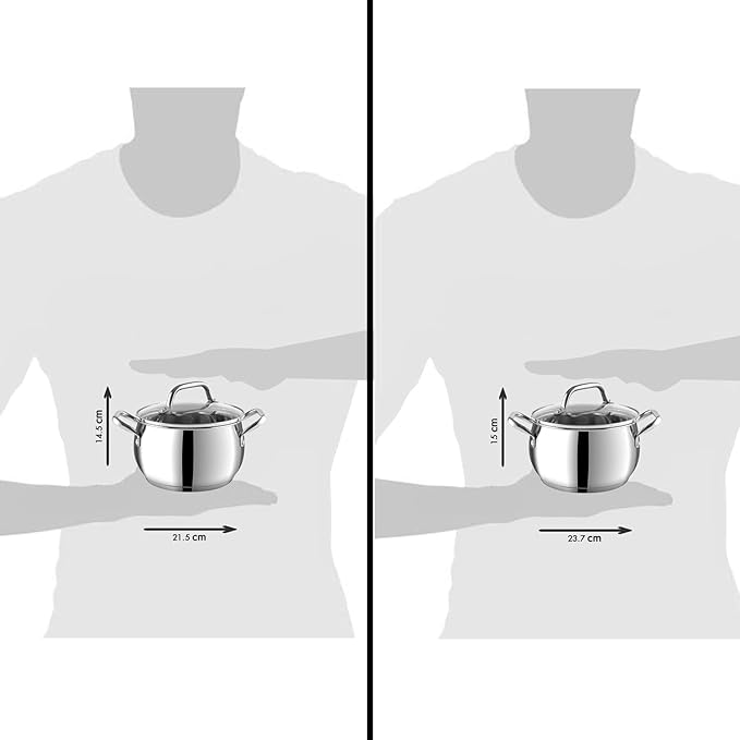 Vinod Stainless Steel 2 Piece Almaty Sauce Pot With Glass Lid | Diameter 14 & 16 Cm | Capacity 1.3 & 2 Litres