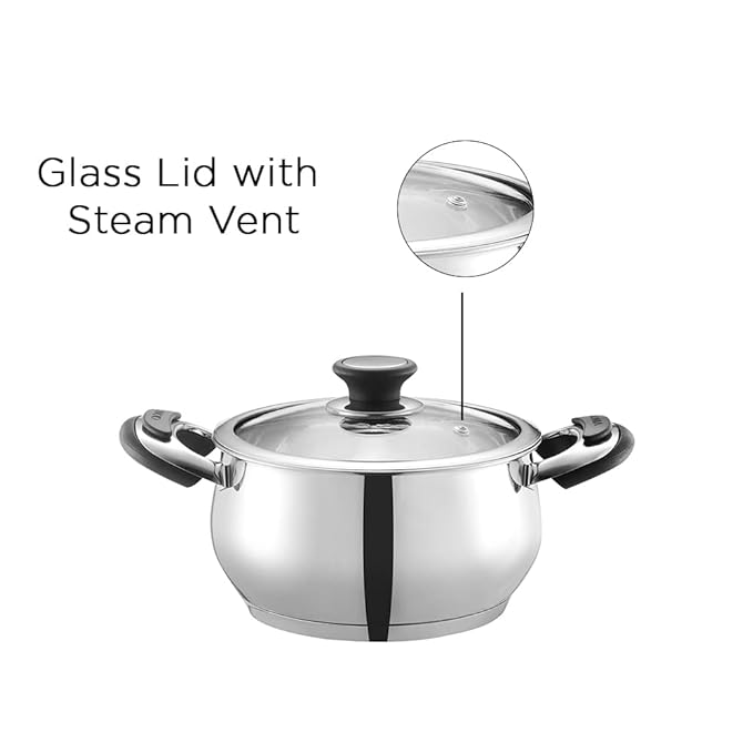 Vinod Durban Stainless Steel Saucepot Handi with Glass Lid - 2 Litre, 16 cm | Stylish Durable Handles