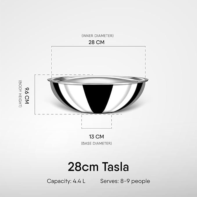Stahl Artisan Triply Stainless Steel Tasla With Lid | Kadhai Without Handle | Induction & Gas Stove Compatible | 4.4 Litres | 28 Cm
