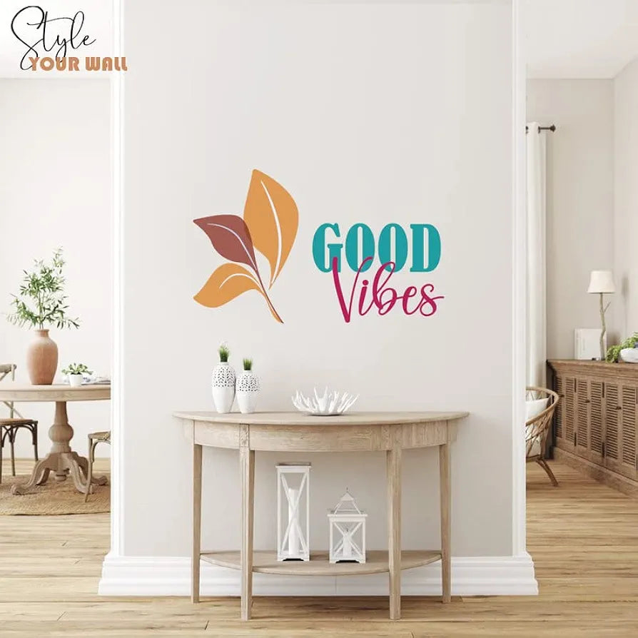Kotart Leaf and Good Vibes Prited PVC Vinyl Wall Stickers/Decals