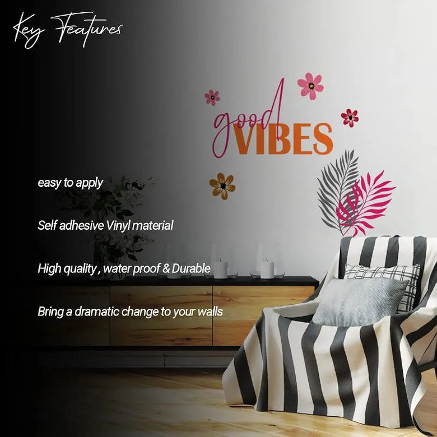 Kotart Pink and Orange Flowers and Leaf Good Vibes Printed Wall Stickers