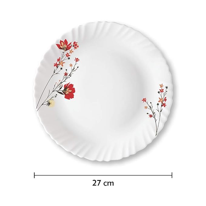 Larah by Borosil Opalware Full Plate | 11 Inch | Set of 6 | Red & White
