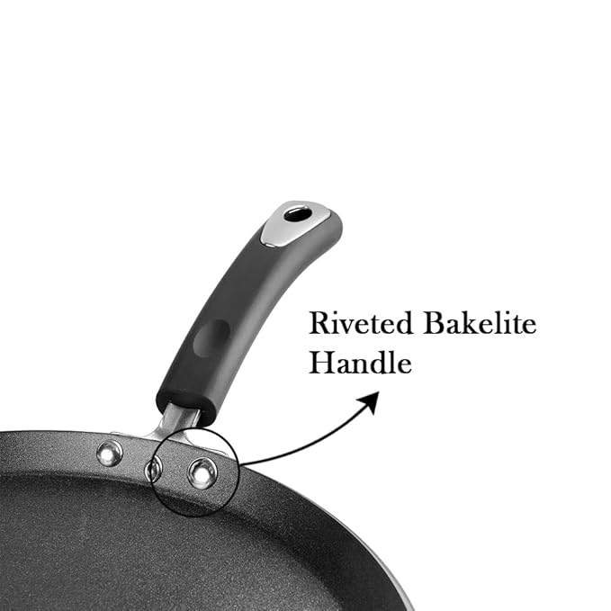 Vinod Hanos Non-stick Dosa Tawa 30cm Diameter, Hard Anodised Non-stick Coating With Bakelite Riveted Handle - 5.25 mm Thickness | Black