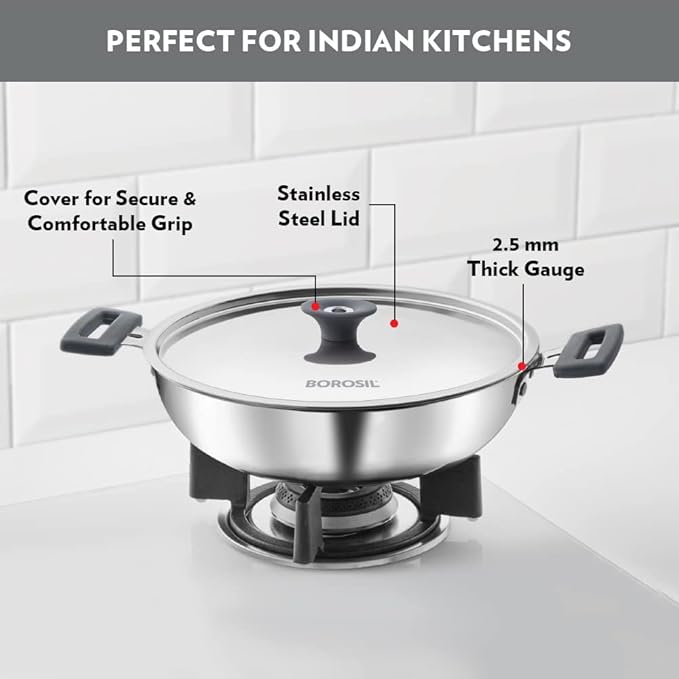 Borosil Cookfresh Tri-ply Stainless Steel Kadhai With Lid | Induction Friendly | 4 Litres | 28 Cm