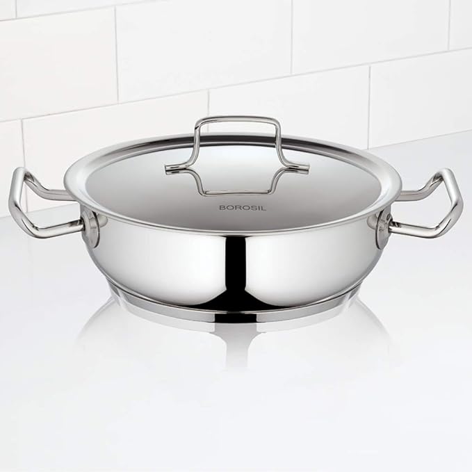 Borosil Stainless Steel Kadhai With Lid | Induction Friendly | Impact Bonded Tri-ply Bottom | 2.8 Litres | 24 Cm