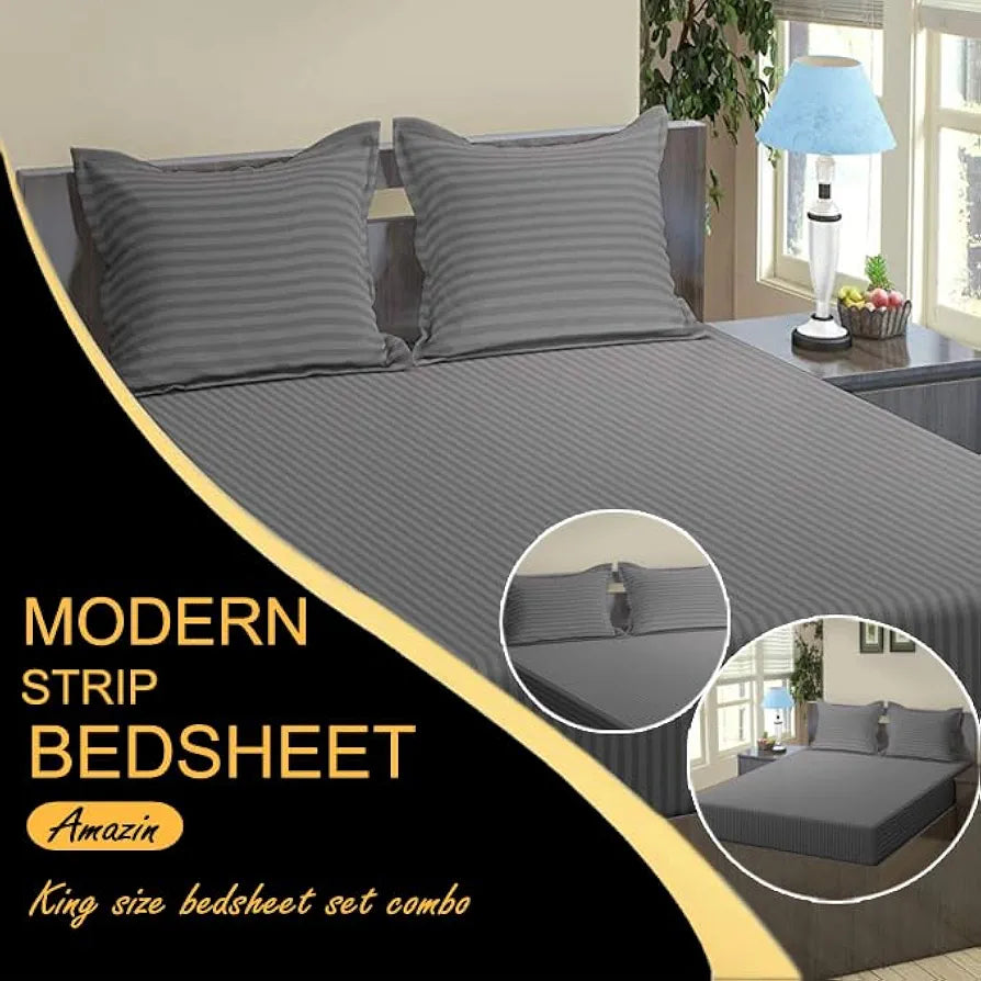 Fresh From Loom 144 TC Queen Size Flat Striped BedsheetsHotel & Home Double Bedsheet Set with 2 Pillow Covers Grey