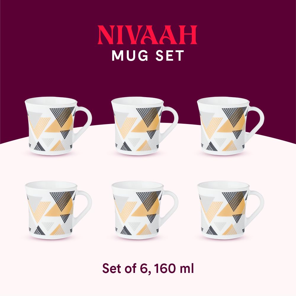 Larah by Borosil Crysta Series Nivaah Opalware Mug | Set of 6 Tea/coffee Mugs | 160 Ml Each