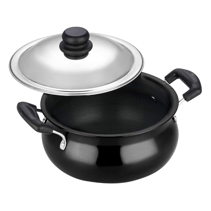 Vinod Black Pearl Hard Anodised Non Stick Handi with Lid - 3 Litre, Junior | 3.25mm Thickness | Biryani Pot