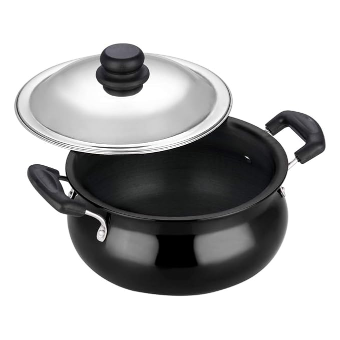 Vinod Black Pearl Hard Anodised Non Stick Handi with Lid - 2 Litre, Mini | 3.25mm Thickness | Biryani Pot