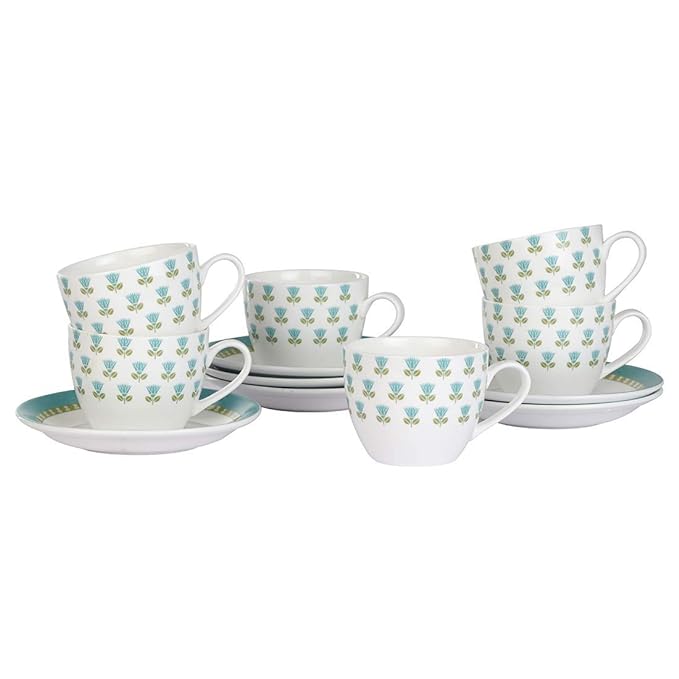 Femora Indian Ceramic Tea Cup and Saucers Set - 1400 gms (Pack of 6)